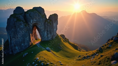 Aerial view of Creux du Van at dawn, revealing its vast curved cliffs and verdant landscape under golden sunlight. A stunning Swiss landmark in high-resolution photography.