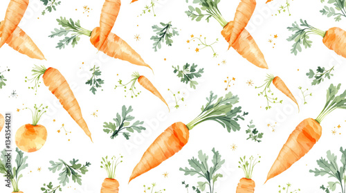 Watercolor carrots with leaves pattern on white background