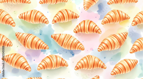 Watercolor pattern croissant on white background	