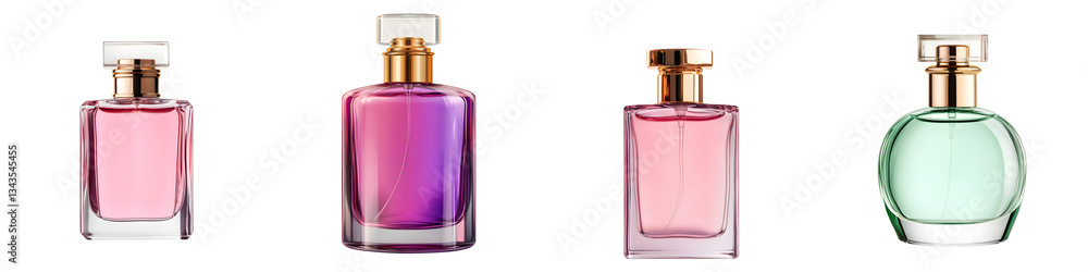 Collection of various shaped and tinted glass perfume bottles in vibrant pink purple and green colors showcased on a plain background for a high end cosmetics or fragrance product presentation Collection of various shaped and tinted glass perfume bottles in vibrant pink purple and green colors showcased on a plain background for a high end cosmetics or fragrance product presentation