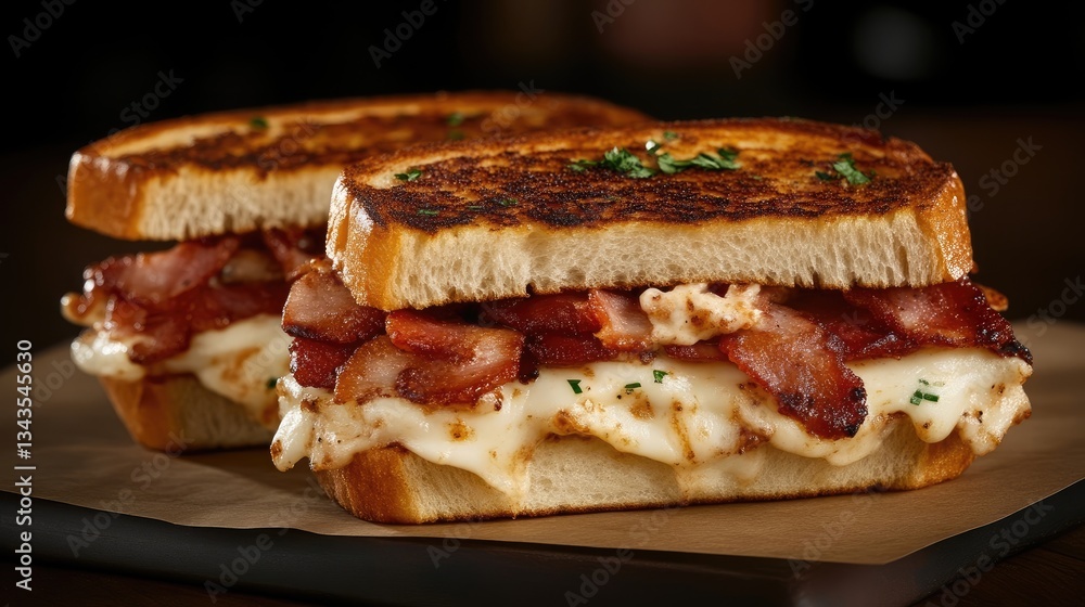 Two grilled cheese sandwiches loaded with crispy bacon and melted cheese, served on toasted bread