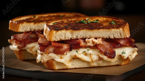 Obraz na płótnie Two grilled cheese sandwiches loaded with crispy bacon and melted cheese, served on toasted bread w salonie