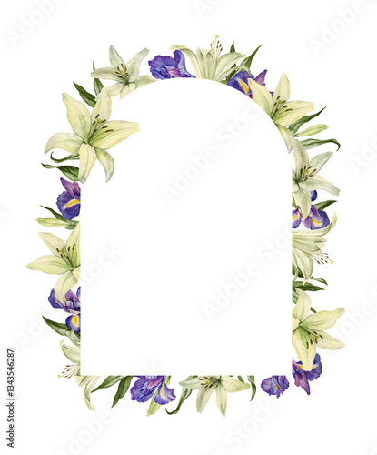 Arc frame composition with  watercolor flowers and leaves. Border of white lily and blue iris flowers for wedding invitation, cards, stickers and prints.