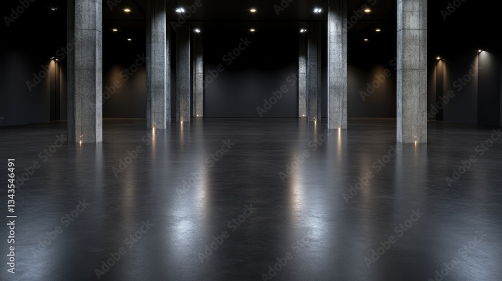 Empty, modern, industrial space with polished concrete floor and pillars. Dark, minimalist design, ideal for photography or videography