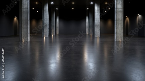 Obraz na płótnie Empty, modern, industrial space with polished concrete floor and pillars. Dark, minimalist design, ideal for photography or videography w salonie
