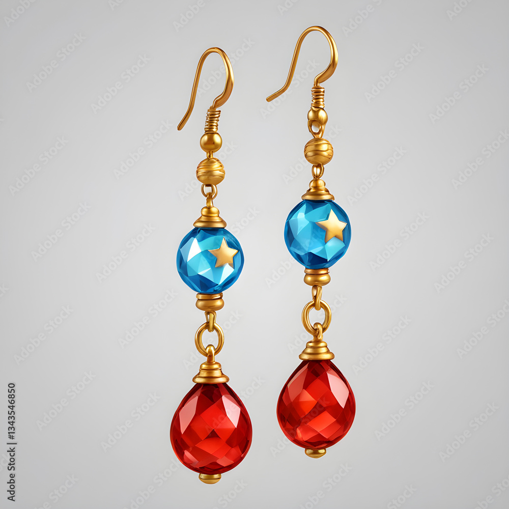 Pair of gold earrings with red and blue gemstones hanging on white background Pair of gold earrings with red and blue gemstones hanging on white background