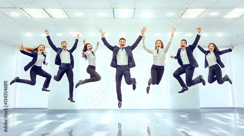 Dynamic group of team members joyfully jumping together in celebration of their efforts in a bright office space filled with positive energy.
