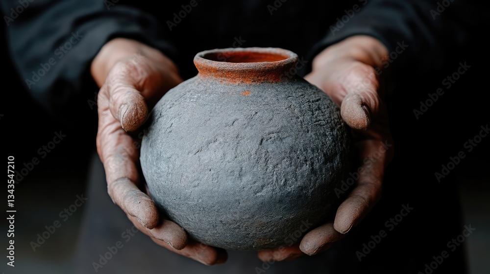 Hands holding a rough-textured, earthenware pot