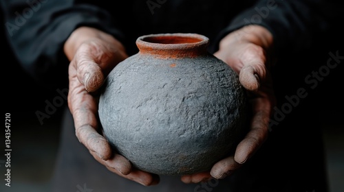 Obraz na płótnie Hands holding a rough-textured, earthenware pot w salonie