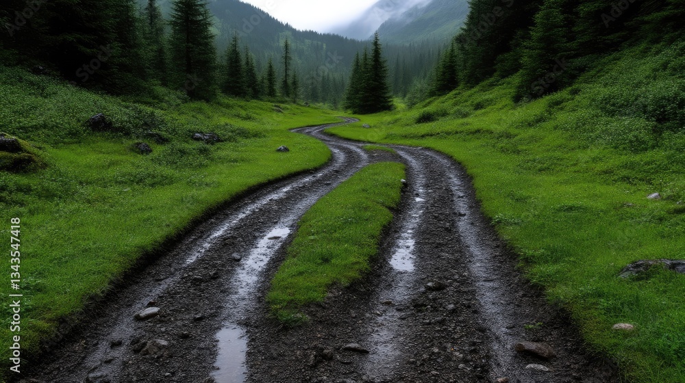 Winding dirt road through a lush mountain valley. Misty, pine-covered hills surround the path