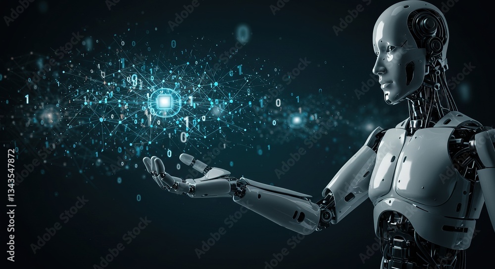 A humanoid robot with a network of binary code floating above its outstretched hand on dark background A humanoid robot with a network of binary code floating above its outstretched hand on dark background