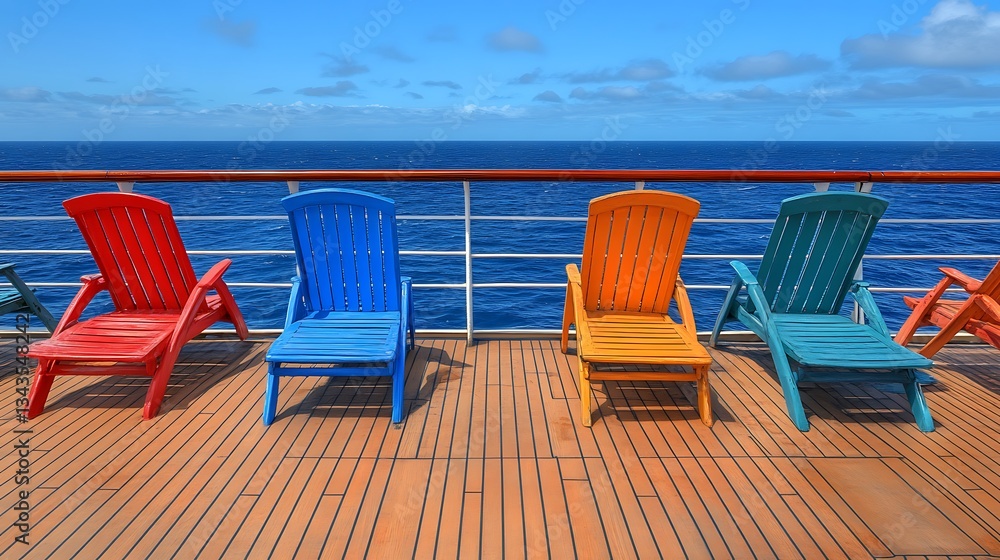 Colorful deck chairs face open ocean under a blue sky Colorful deck chairs face open ocean under a blue sky