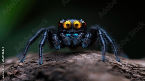 Obraz na płótnie Close-up of a jumping spider. Intensely detailed view of the black body with vibrant blue legs and bright yellow eyes. On a dark wood log w salonie