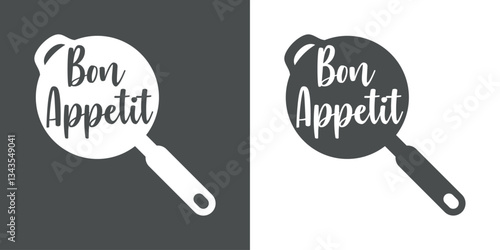 Logo restaurante. Mensaje Bon Appetit en silueta de sarten de hierro fundido