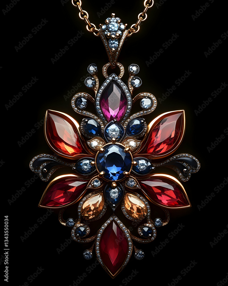 Ornate gemstone pendant necklace with red, blue, and yellow gems on a gold chain against a black background Ornate gemstone pendant necklace with red, blue, and yellow gems on a gold chain against a black background