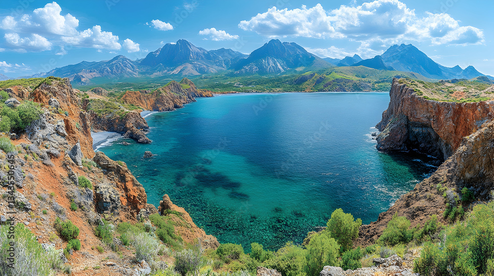 Panoramic view of a secluded cove with crystal-clear turquoise water, surrounded by dramatic red cliffs and mountains under a sunny sky Panoramic view of a secluded cove with crystal-clear turquoise water, surrounded by dramatic red cliffs and mountains under a sunny sky