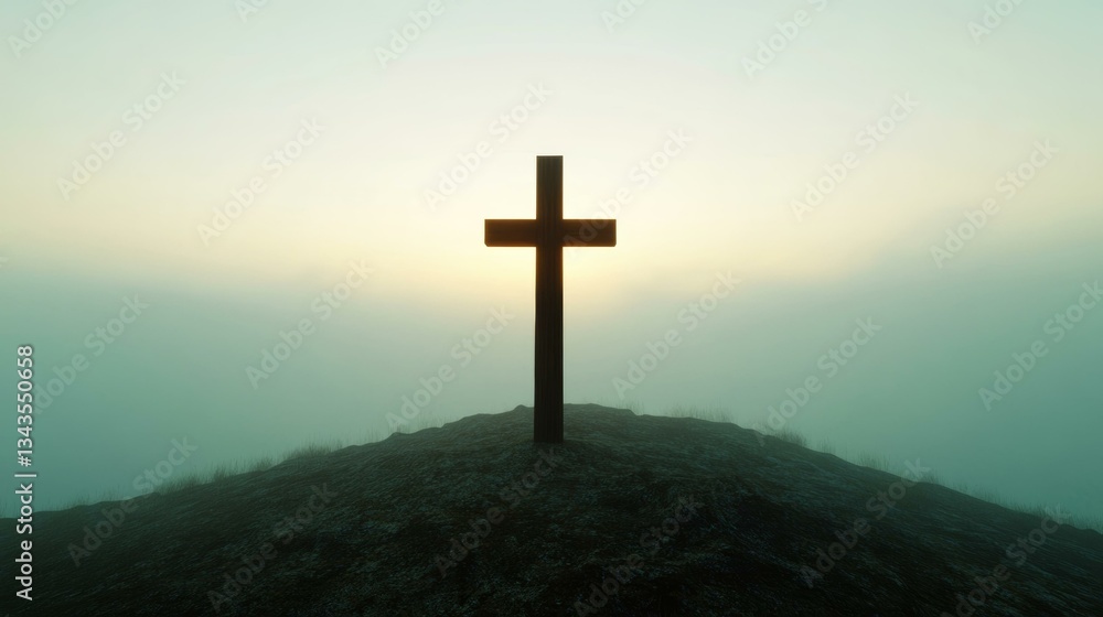 Naklejka premium A wooden cross silhouetted against a misty sunrise on a hilltop, symbolizing Easter and spirituality