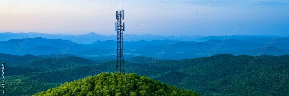 Cell tower on lush green hilltop, communication technology, scenic landscape, connectivity infrastructure Cell tower on lush green hilltop, communication technology, scenic landscape, connectivity infrastructure