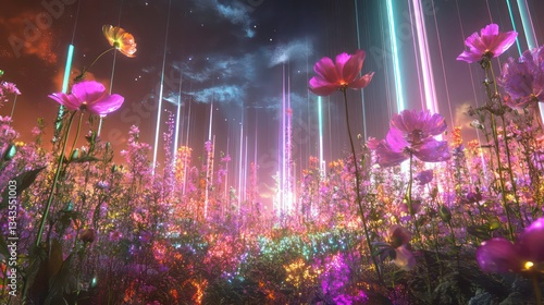 Vibrant neon lights illuminate a field of colorful flowers at night.