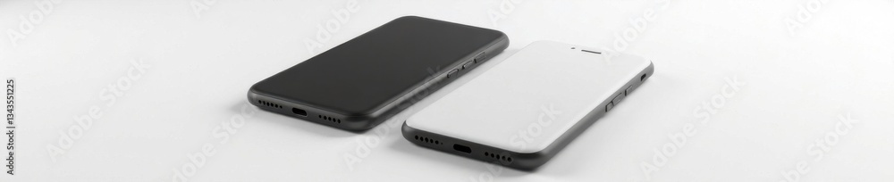 Sleek mobile phone duo in black and white with blank screens sitting on a clean white surface, ready for capture, clean background, whitephone Sleek mobile phone duo in black and white with blank screens sitting on a clean white surface, ready for capture, clean background, whitephone