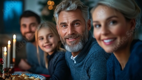 Family gathering around Christmas dinner table, joyful celebration, Caucasian family holiday, festive togetherness