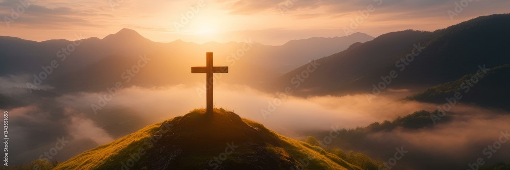 Sunrise behind a cross on a hill, symbolizing spirituality, peace, and Christian holidays like Easter Sunrise behind a cross on a hill, symbolizing spirituality, peace, and Christian holidays like Easter