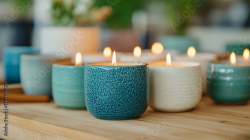 Chic ceramic candles on wooden table, cozy home decor, perfect for Christmas ambiance and relaxation