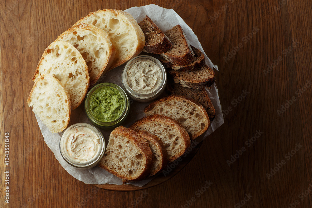 Assorted artisan bread slices with three types of butter in glass jars on a rustic wooden table. A delicious selection of fresh bakery and butter for breakfast or snack. top view