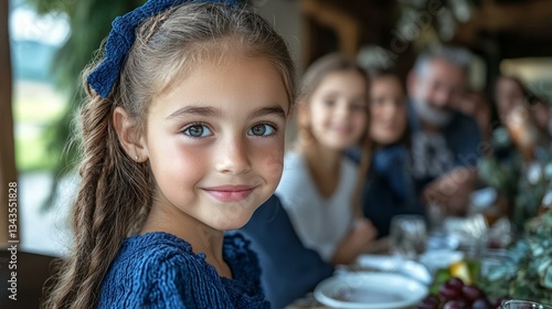 Girl smiling at family gathering table, joyful diverse autumn Thanksgiving celebration, cozy holiday warmth