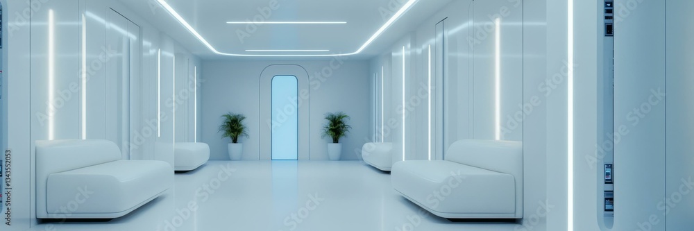 Fototapeta premium Futuristic white corridor with sleek couches and plants, modern architecture, minimalist design, luxury interior