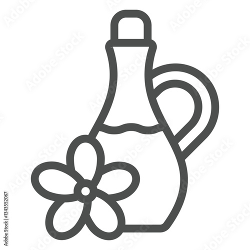 Juice jug with flower line icon, hot summer drinks concept. Vector graphics. Flower and bottle with flavored liquid sign on white background, outline style icon for mobile or web design.