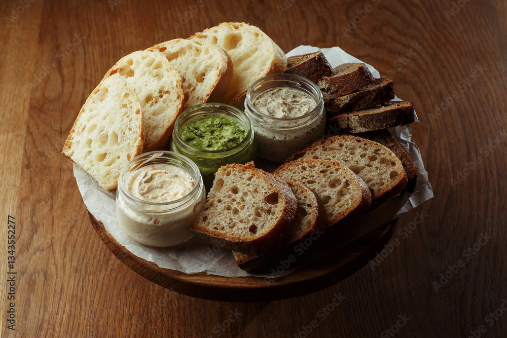 Assorted artisan bread slices with three types of butter in glass jars on a rustic wooden table. A delicious selection of fresh bakery and butter for breakfast or snack. copy space