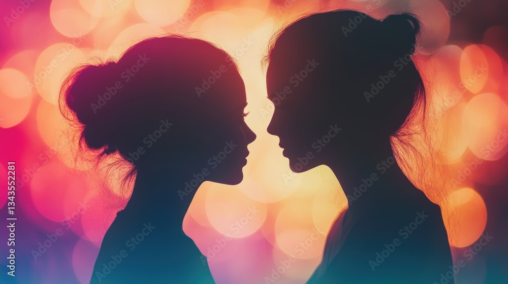 Silhouette of Two Women Facing Each Other, Backlit by Warm Lights Silhouette of Two Women Facing Each Other, Backlit by Warm Lights