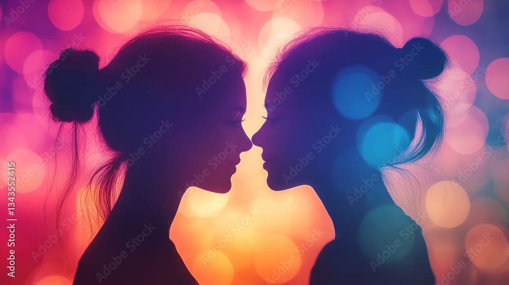 Silhouette of Two Women Facing Each Other, Close Up, Bokeh Background Silhouette of Two Women Facing Each Other, Close Up, Bokeh Background