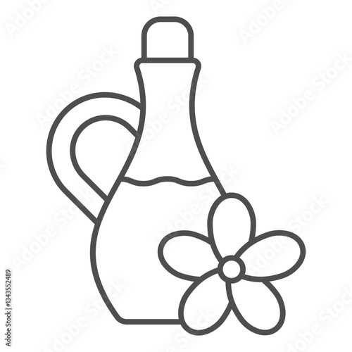 Juice jug with flower thin line icon, hot summer drinks concept. Vector graphics. Flower and bottle with flavored liquid sign on white background, outline style icon for mobile or web design.