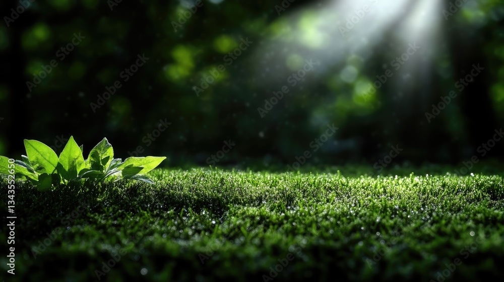 Lush green moss and leaves bathed in sunlight