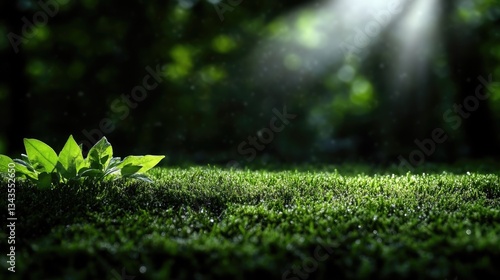 Obraz na płótnie Lush green moss and leaves bathed in sunlight w salonie