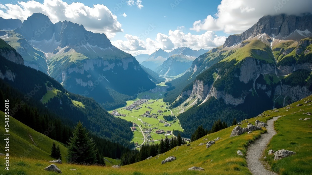 Obraz premium Aerial view of Engadin Valley, Switzerland, at midday with overcast skies. Lush meadows, winding rivers, and towering peaks form a breathtaking natural panorama.