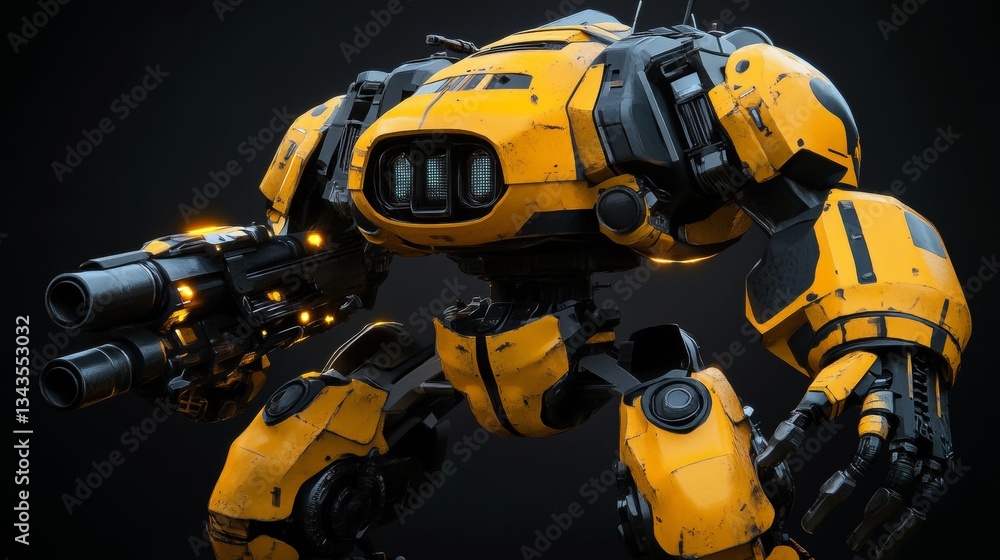 Heavy Industrial Mech Ready for Deployment, High Detail Design and Black Backdrop Heavy Industrial Mech Ready for Deployment, High Detail Design and Black Backdrop