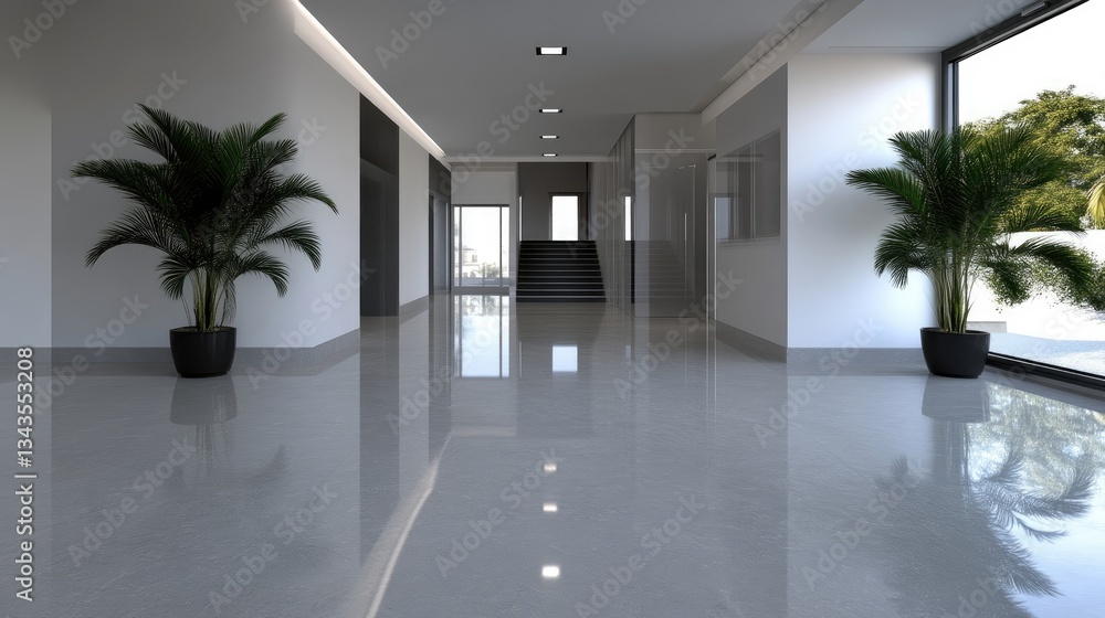 Modern, spacious hallway with polished floors and greenery. Features minimalist design, natural light, and a clean, airy ambiance