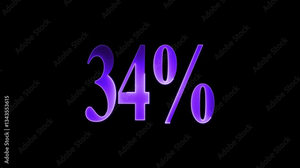 34% number text animation by purple color neon mask glow on black background. 34% number text animation by purple color neon mask glow on black background.