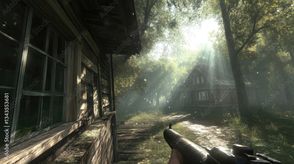 Sun-drenched, rustic, forest scene with a vintage rifle