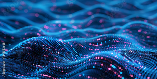 AI artificial Intelligence technology. Machine and deep learning. Blue technology data wavy lines in a holographic style. Cyber big data flow with particle bokeh. Digital Neural Network.