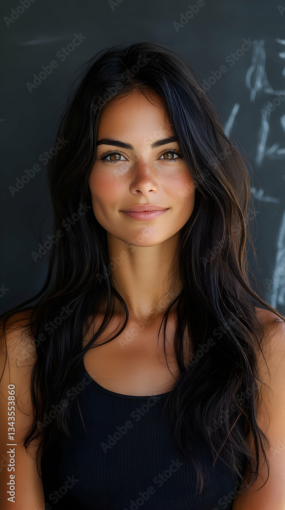 Portrait of a smiling woman with long dark hair, wearing a black tank top against a dark background Portrait of a smiling woman with long dark hair, wearing a black tank top against a dark background
