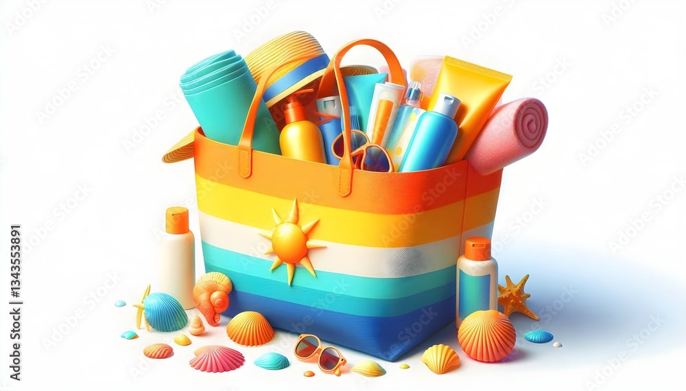 Obraz premium Aesthetic summer tote with rolled-up towel, sunglasses, and sunscreen, isolated on white.