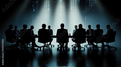 Secretive Business Meeting: Silhouetted Figures in a Dimly Lit Conference Room