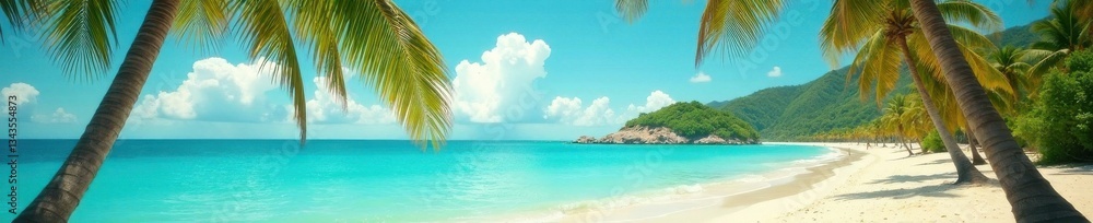 Fototapeta premium Vintage toned film postcard-style beach scene with palm trees and clear blue water, turquoise, beach