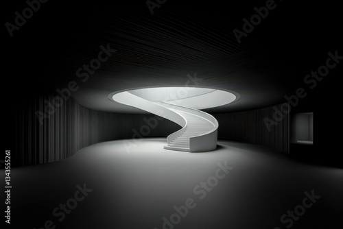 Dramatic black and white architecture with futuristic curved staircase, strong contrasts, and modern minimalism. High contrast light and shadows create depth and mystery.