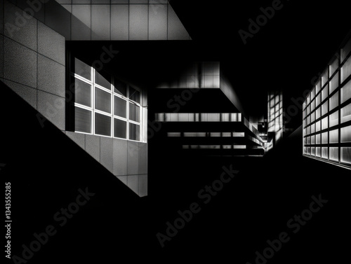Dramatic black and white modern building with strong geometric patterns, deep shadows, and abstract composition. High contrast architecture photography.