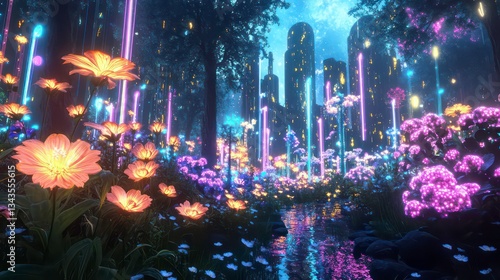 Glowing neon lights illuminate a magical forest path with vibrant flowers and a stream, futuristic city skyline in background.